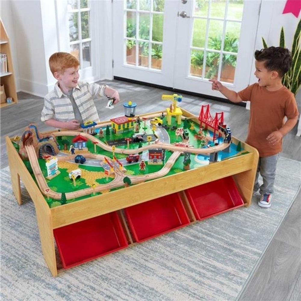 KidKraft Waterfall Mountain Wooden Train Set & Table with 120 Pieces, 3 Storage